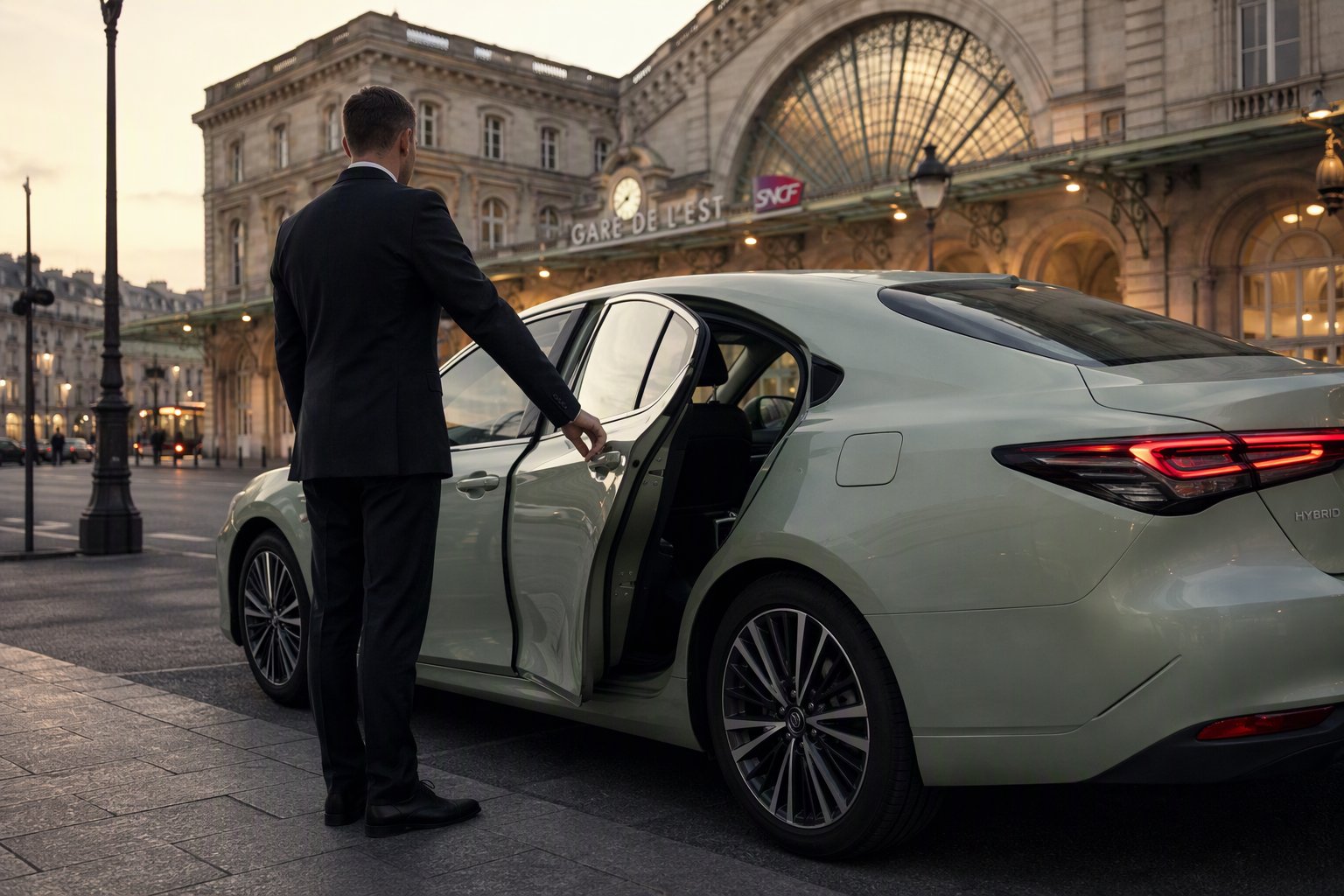 Chauffeur privé EcoVTC ouvrant la portière de la Toyota Prius devant une gare parisienne