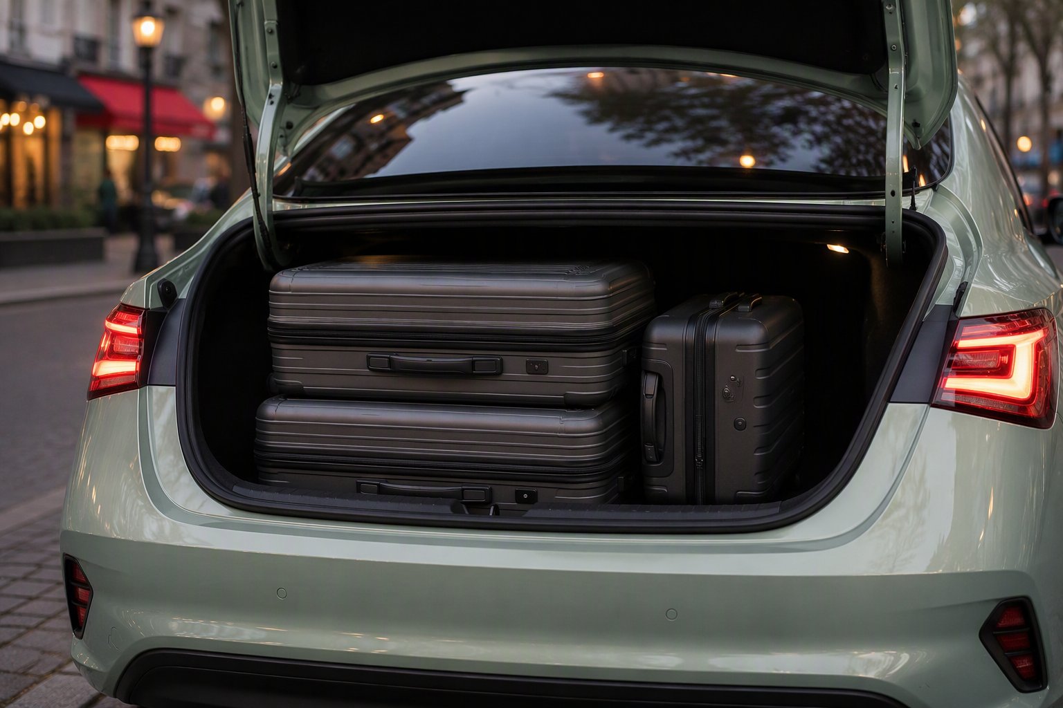 Coffre ouvert de la Toyota Prius vert pistache avec trois valises